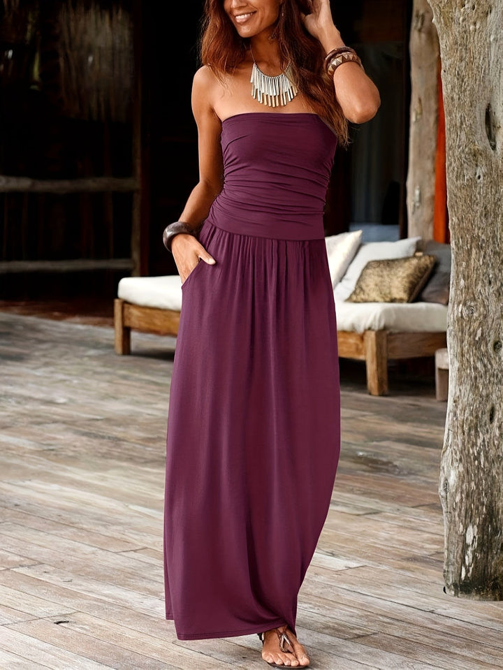 Alira | Women's Bandeau Midi Dress with Waist-Cinching Detail, Strapless Midi Dress | The Shrader Sisters