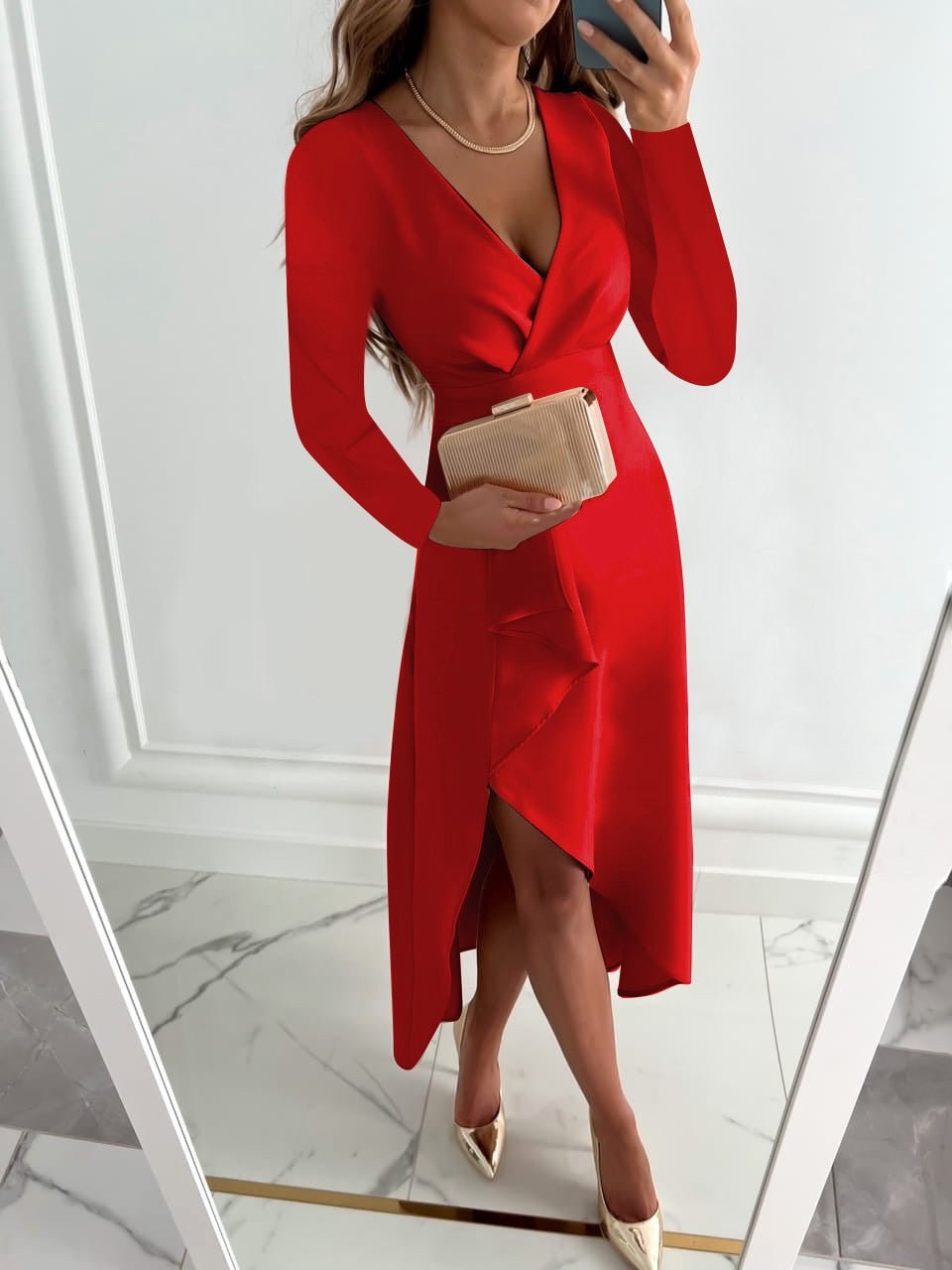 Allison | Women's V-Neck Sheath Midi Dress with Slit - image 4