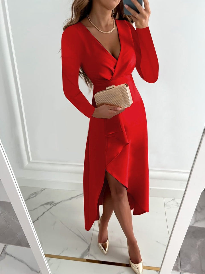 Allison | Women's V-Neck Sheath Midi Dress with Slit - image 4