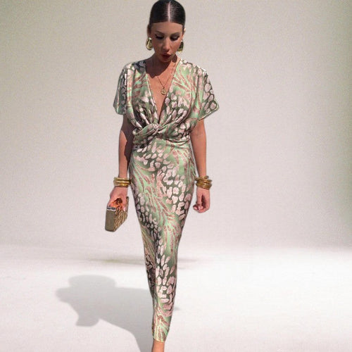 Alyssa | Women's Flowing Maxi Dress with Twisted V-Neckline, Long Evening Dress | The Shrader Sisters | Pink