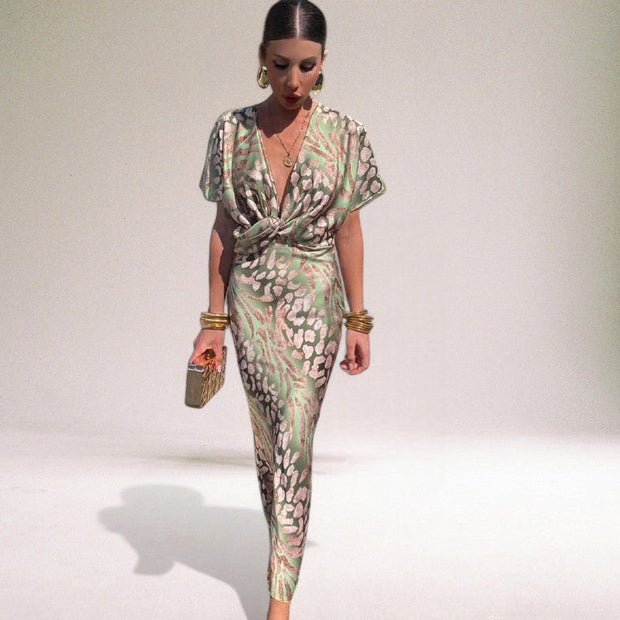 Alyssa | Women's Flowing Maxi Dress with Twisted V-Neckline, Long Evening Dress | The Shrader Sisters | Pink