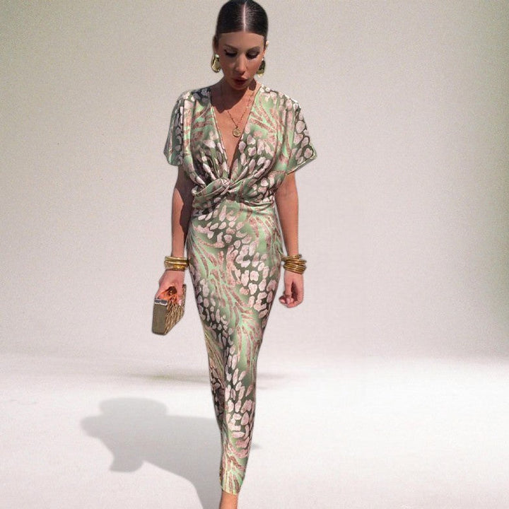 Alyssa | Women's Flowing Maxi Dress with Twisted V-Neckline, Long Evening Dress | The Shrader Sisters | Pink