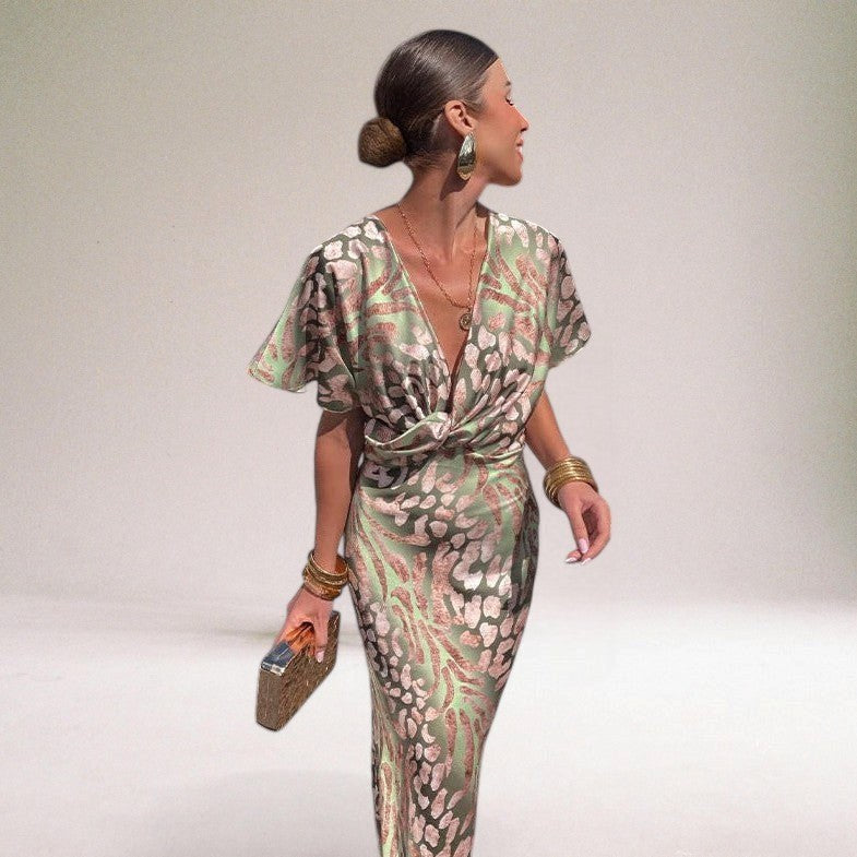 Alyssa | Women's Flowing Maxi Dress with Twisted V-Neckline, Long Evening Dress | The Shrader Sisters