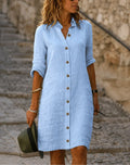 Alyssa | Women's Lightweight Midi Dress with Collar and Button Front, Three-Quarter Sleeve Dress | The Shrader Sisters | Wit