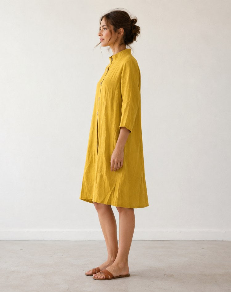 Alyssa | Women's Lightweight Midi Dress with Collar and Button Front, Three-Quarter Sleeve Dress | The Shrader Sisters