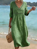 Alyssa | Women's V-Neck Cotton Dress, Fluid Midi Dress | The Shrader Sisters