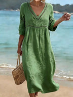 Alyssa | Women's V-Neck Cotton Dress, Fluid Midi Dress | The Shrader Sisters