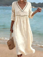 Alyssa | Women's V-Neck Cotton Dress, Fluid Midi Dress | The Shrader Sisters