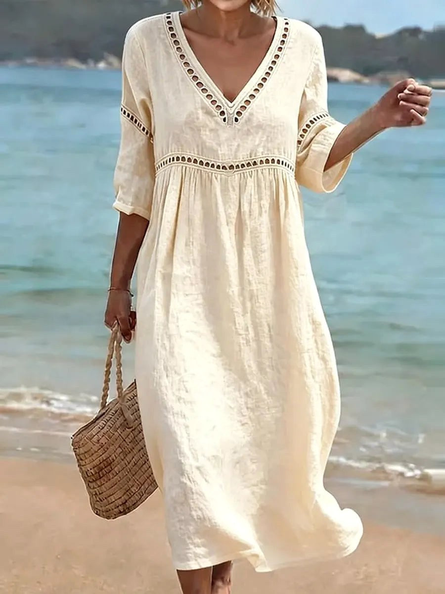 Alyssa | Women's V-Neck Cotton Dress, Fluid Midi Dress | The Shrader Sisters