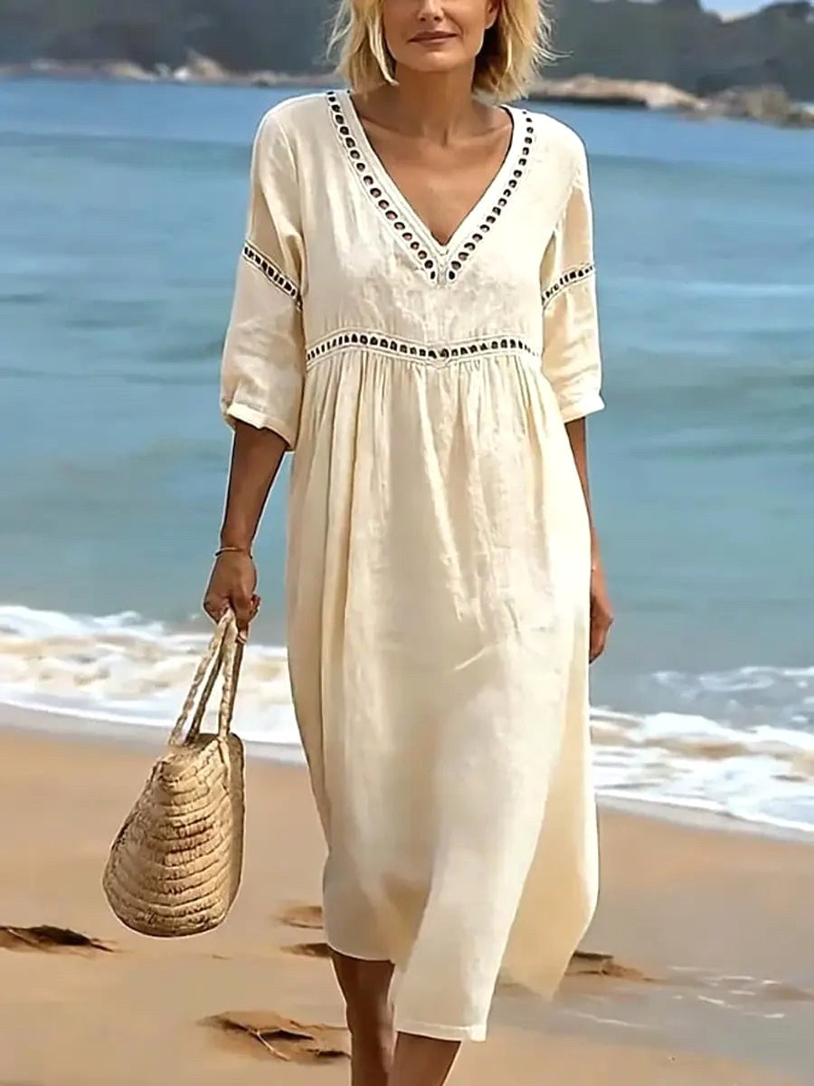 Alyssa | Women's V-Neck Cotton Dress, Fluid Midi Dress | The Shrader Sisters