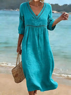 Alyssa | Women's V-Neck Cotton Dress, Fluid Midi Dress | The Shrader Sisters
