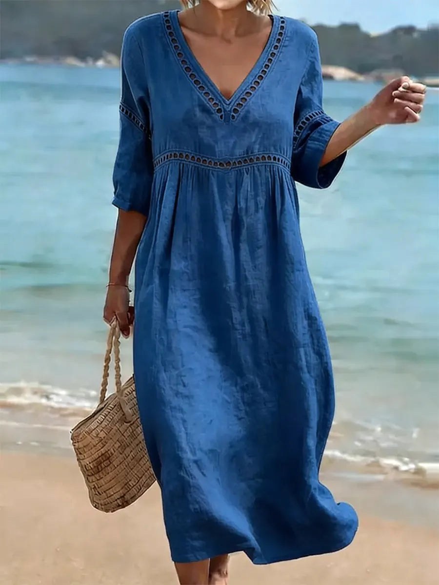 Alyssa | Women's V-Neck Cotton Dress, Fluid Midi Dress | The Shrader Sisters