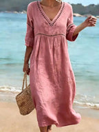 Alyssa | Women's V-Neck Cotton Dress, Fluid Midi Dress | The Shrader Sisters