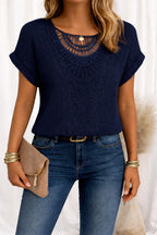 Amanda | Women's Round Neck Short Sleeve Blouse with Lace Trim, Lightweight Summer Top for Holidays and Casual Wear, Lightweight Summer Top for Holidays and Casual Wear - Navy Blue