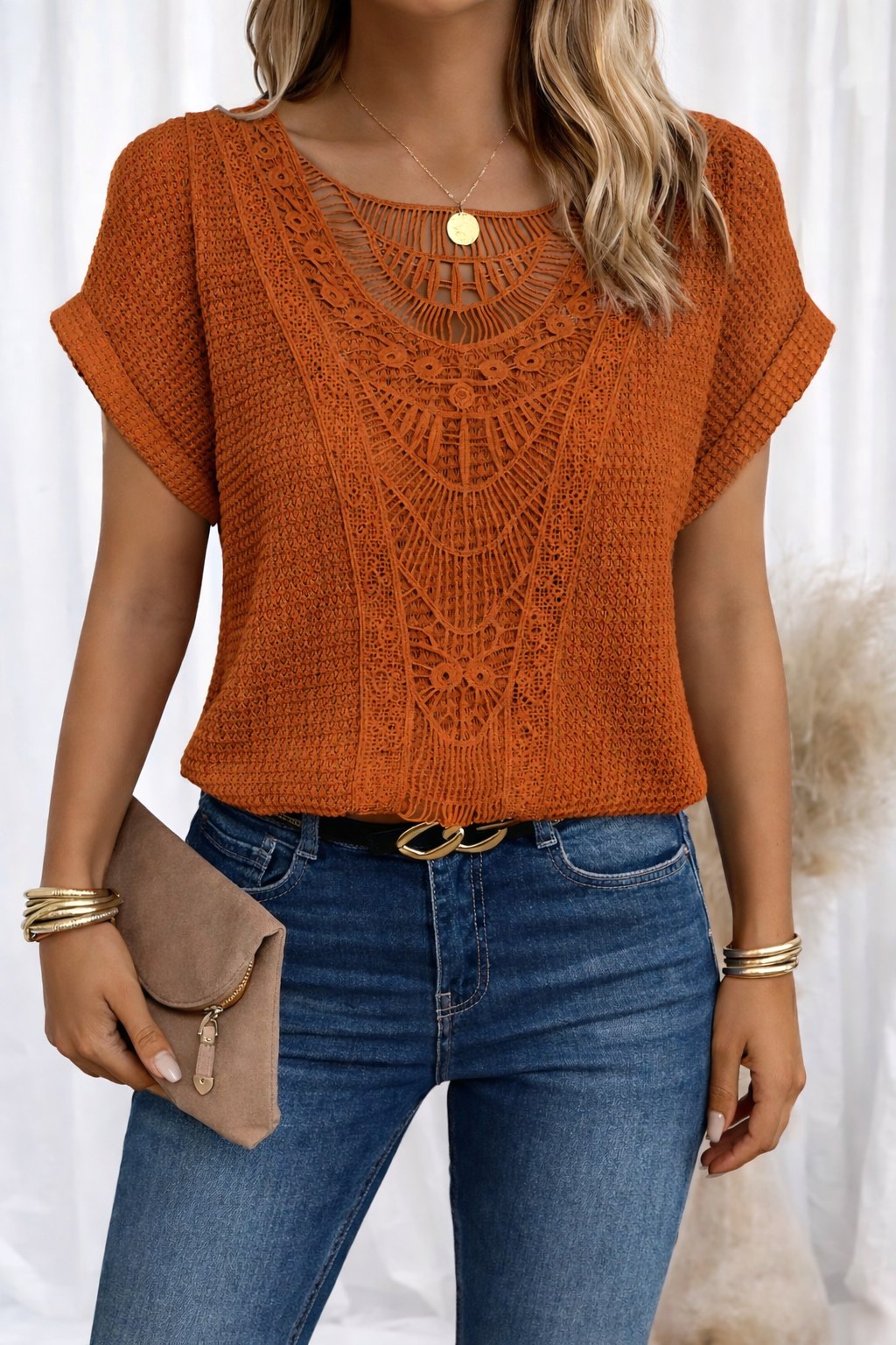 Amanda | Women's Round Neck Short Sleeve Blouse with Lace Trim, Lightweight Summer Top for Holidays and Casual Wear, Lightweight Summer Top for Holidays and Casual Wear - Orange