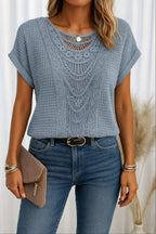 Amanda | Women's Round Neck Short Sleeve Blouse with Lace Trim, Lightweight Summer Top for Holidays and Casual Wear, Lightweight Summer Top for Holidays and Casual Wear - Light Blue