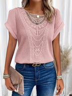 Amanda | Women's Round Neck Short Sleeve Blouse with Lace Trim, Lightweight Summer Top for Holidays and Casual Wear, Lightweight Summer Top for Holidays and Casual Wear - Pink