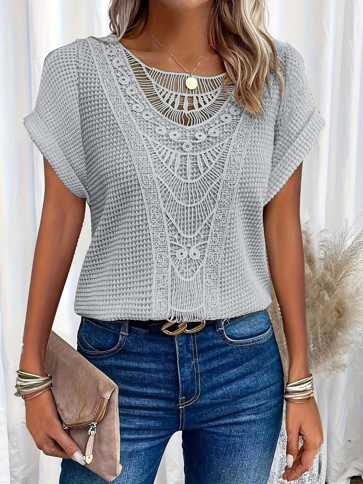 Amanda | Women's Round Neck Short Sleeve Blouse with Lace Trim, Lightweight Summer Top for Holidays and Casual Wear, Lightweight Summer Top for Holidays and Casual Wear - Grey