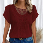 Amanda | Women's Round Neck Short Sleeve Blouse with Lace Trim, Lightweight Summer Top for Holidays and Casual Wear, Lightweight Summer Top for Holidays and Casual Wear - White