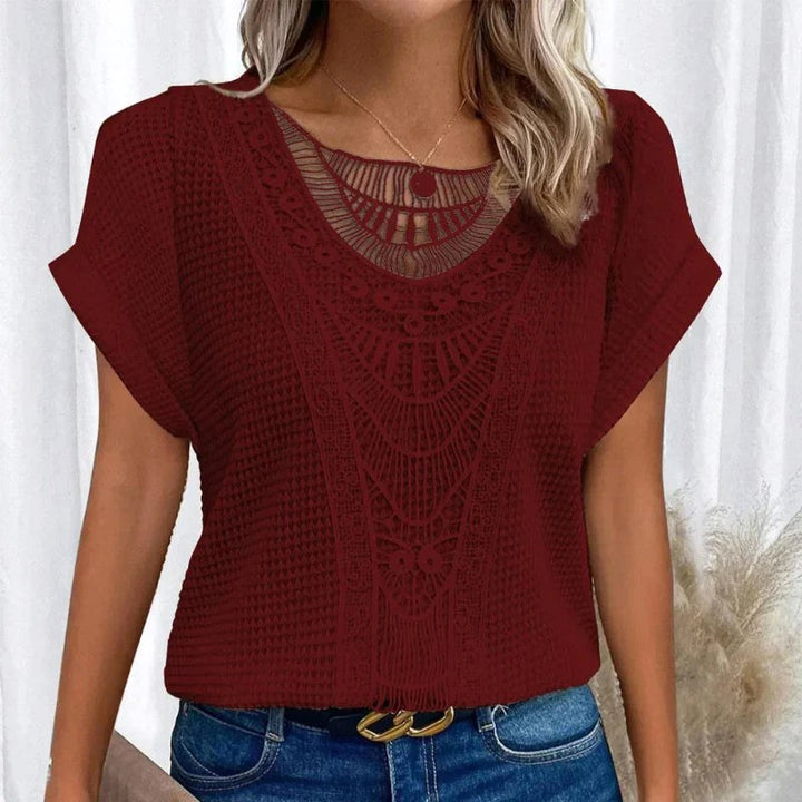 Amanda | Women's Round Neck Short Sleeve Blouse with Lace Trim - White