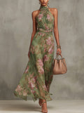 Amelia | Women's Halter Maxi Dress with Floral Print, Chiffon Special Occasion Dress | The Shrader Sisters | Green