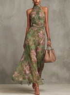 Amelia | Women's Halter Maxi Dress with Floral Print, Chiffon Special Occasion Dress | The Shrader Sisters | Green