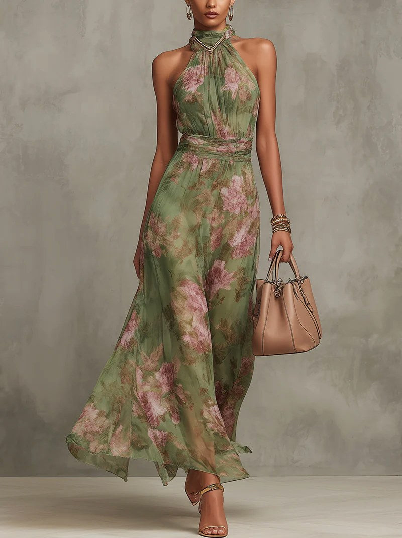 Amelia | Women's Halter Maxi Dress with Floral Print, Chiffon Special Occasion Dress | The Shrader Sisters | Green
