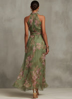 Amelia | Women's Halter Maxi Dress with Floral Print, Chiffon Special Occasion Dress | The Shrader Sisters