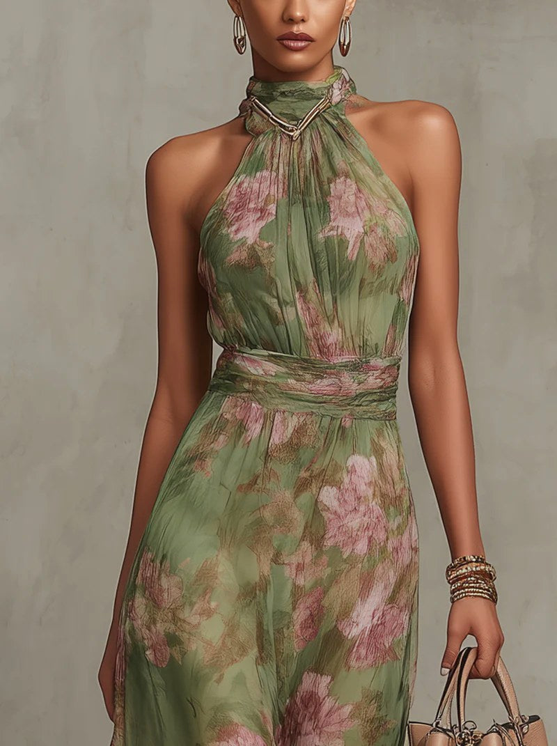 Amelia | Women's Halter Maxi Dress with Floral Print, Chiffon Special Occasion Dress | The Shrader Sisters