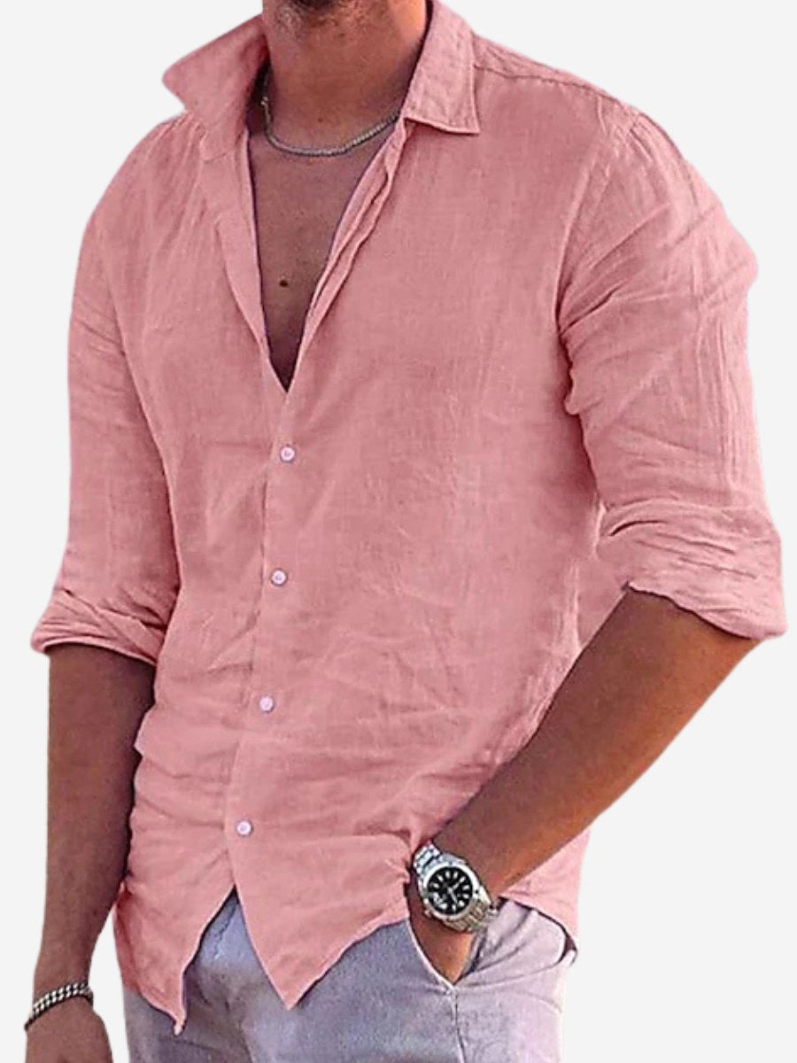 Angus | Men's Cotton Linen Shirt, Button-Down Collar Shirt | The Shrader Sisters | Pink
