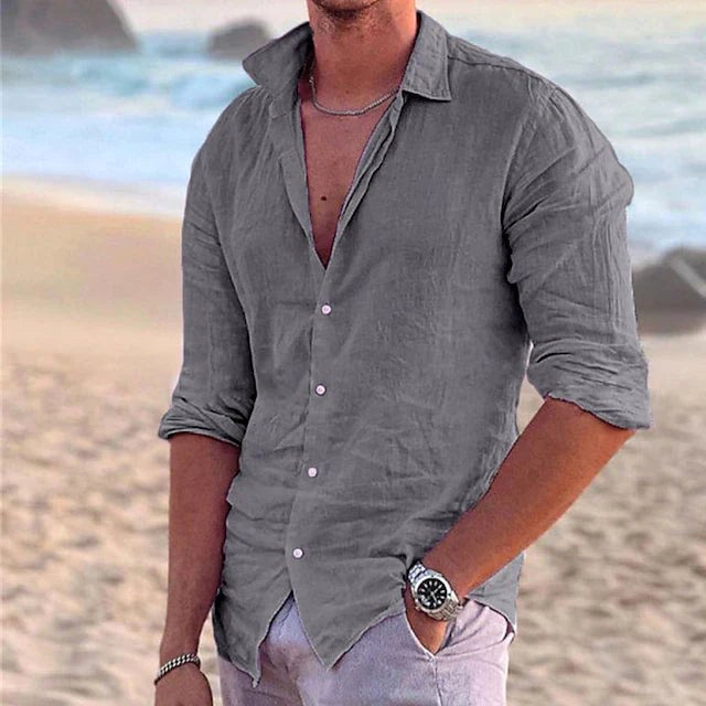 Angus | Men's Cotton Linen Shirt, Button-Down Collar Shirt | The Shrader Sisters | Black