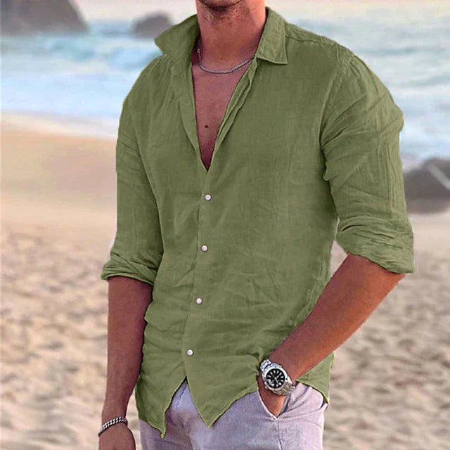Angus | Men's Cotton Linen Shirt, Button-Down Collar Shirt | The Shrader Sisters | Khaki