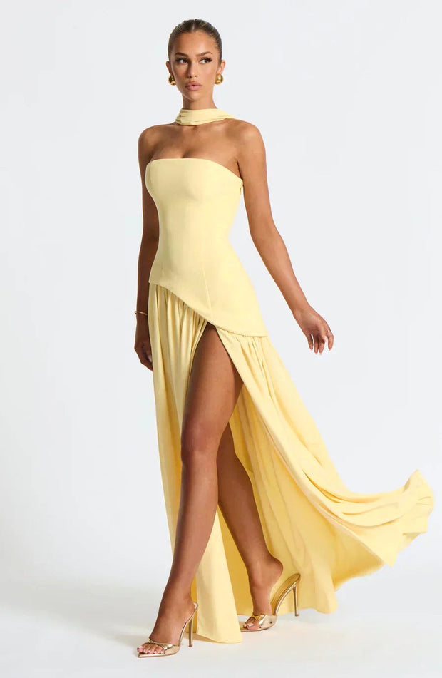 Anika | Women's Lace Corset Maxi Dress, Flowing Chiffon Evening Dress | The Shrader Sisters