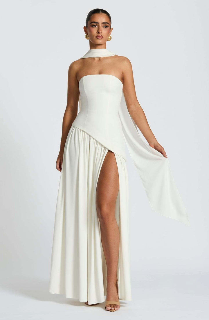 Anika | Women's Lace Corset Maxi Dress, Flowing Chiffon Evening Dress | The Shrader Sisters