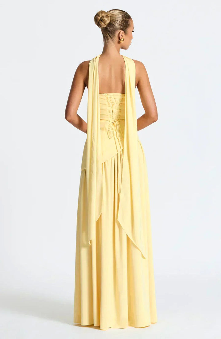 Anika | Women's Lace Corset Maxi Dress, Flowing Chiffon Evening Dress | The Shrader Sisters