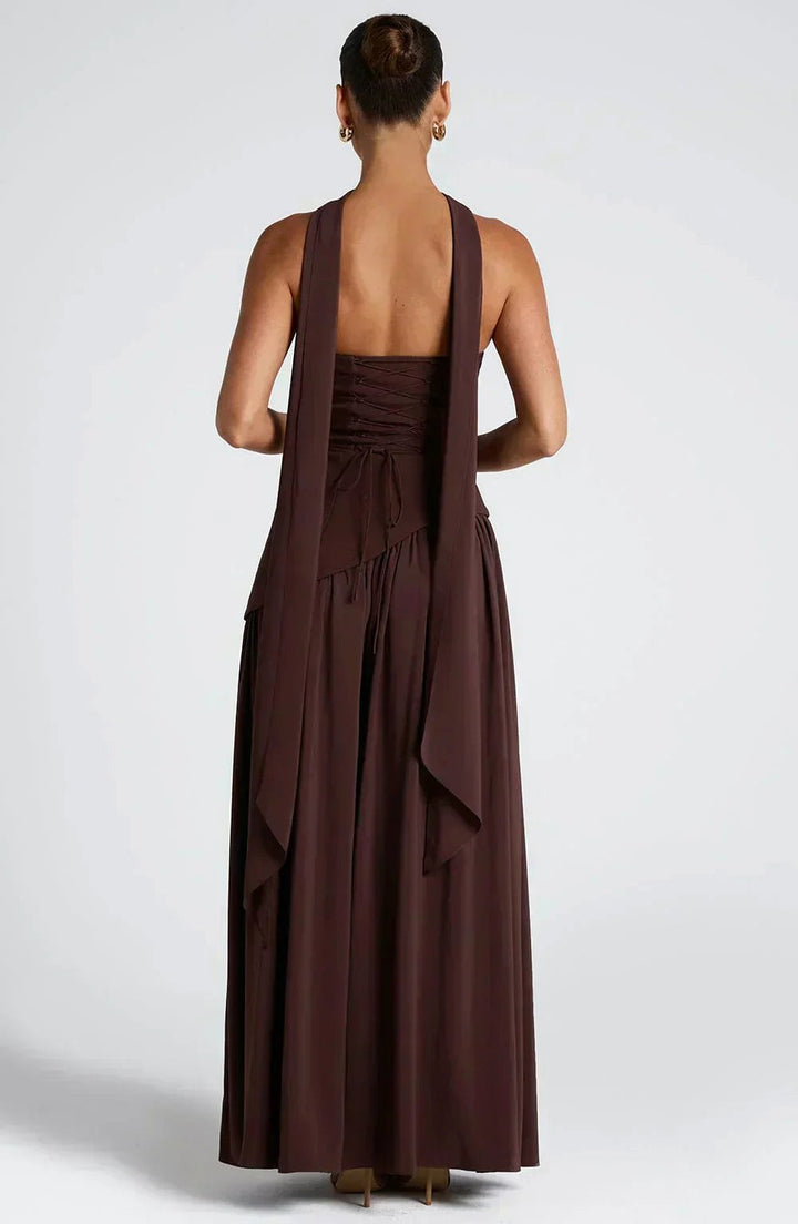 Anika | Women's Lace Corset Maxi Dress, Flowing Chiffon Evening Dress | The Shrader Sisters