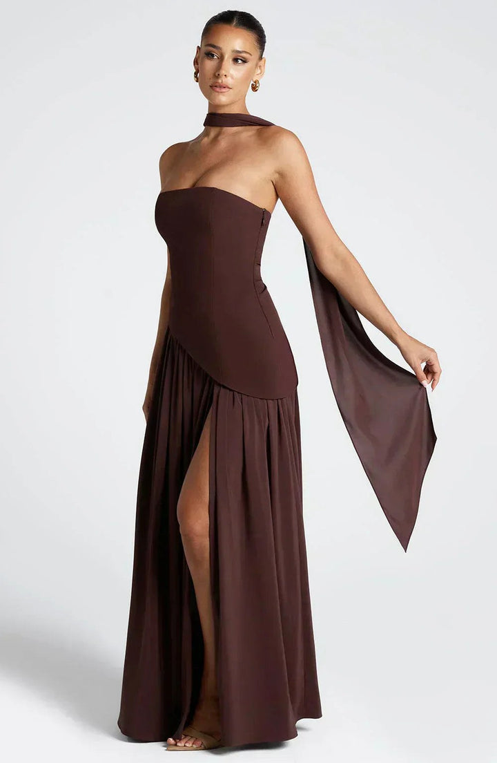 Anika | Women's Lace Corset Maxi Dress, Flowing Chiffon Evening Dress | The Shrader Sisters
