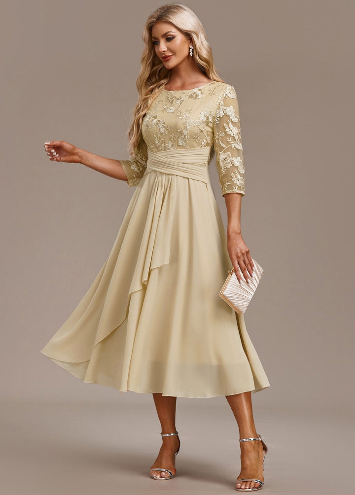 Annalise | Women's Floral Lace Chiffon Midi Dress - Champagne