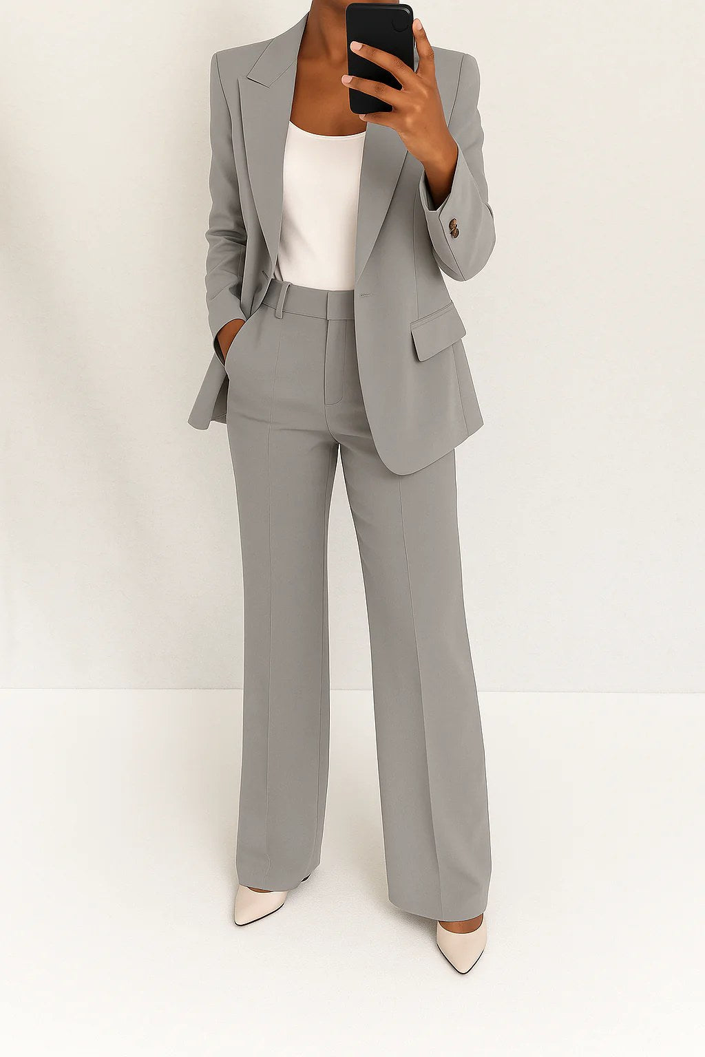 Ari | Women's Wide-Leg Structured Blazer Suit, Two-Piece Trouser Suit | The Shrader Sisters | Grey