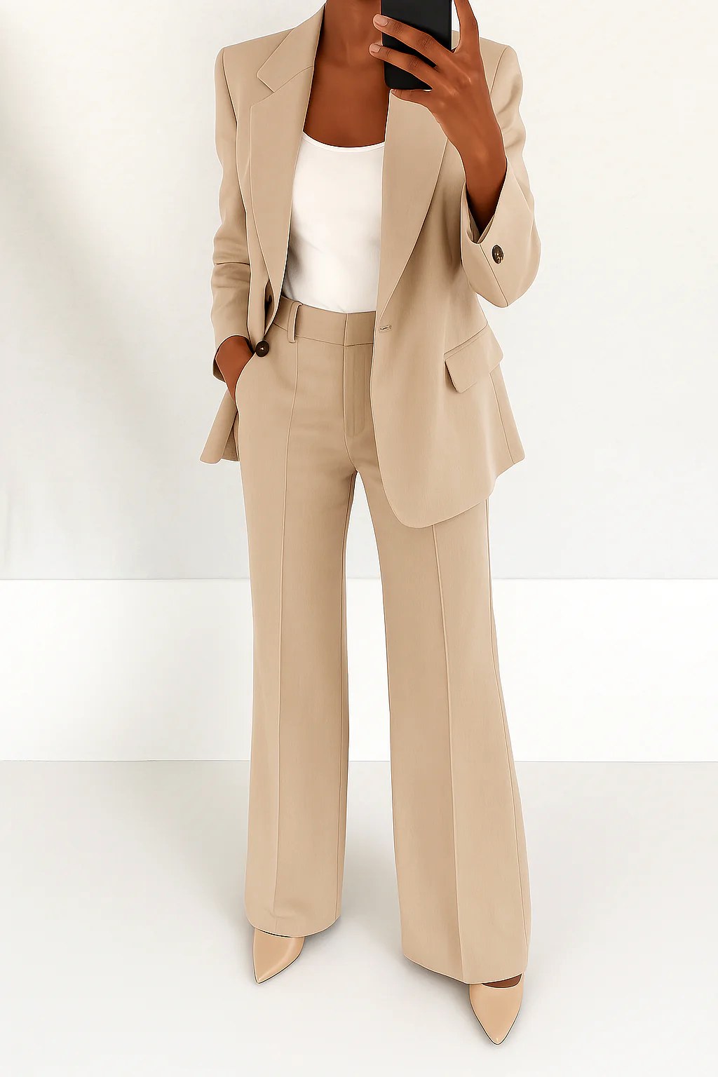 Ari | Women's Wide-Leg Structured Blazer Suit, Two-Piece Trouser Suit | The Shrader Sisters | Beige