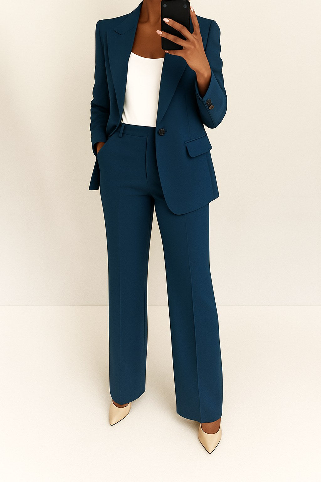 Ari | Women's Wide-Leg Structured Blazer Suit, Two-Piece Trouser Suit | The Shrader Sisters | Navy Blue