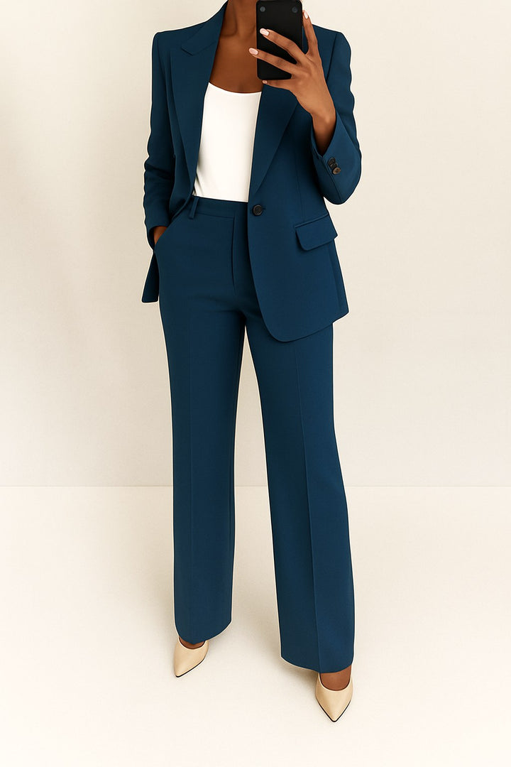 Ari | Women's Wide-Leg Structured Blazer Suit, Two-Piece Trouser Suit | The Shrader Sisters | Navy Blue