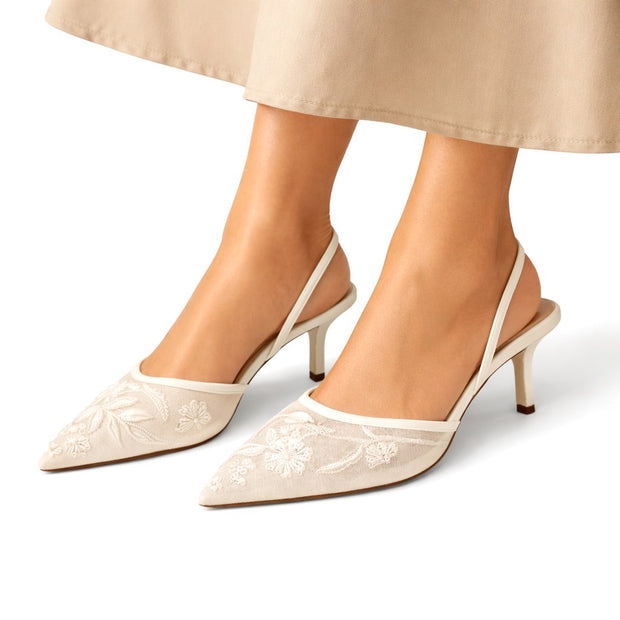 Ariella | Women's Embroidered Mesh Mule Heels, Pointed Toe Occasion Heels | The Shrader Sisters | White