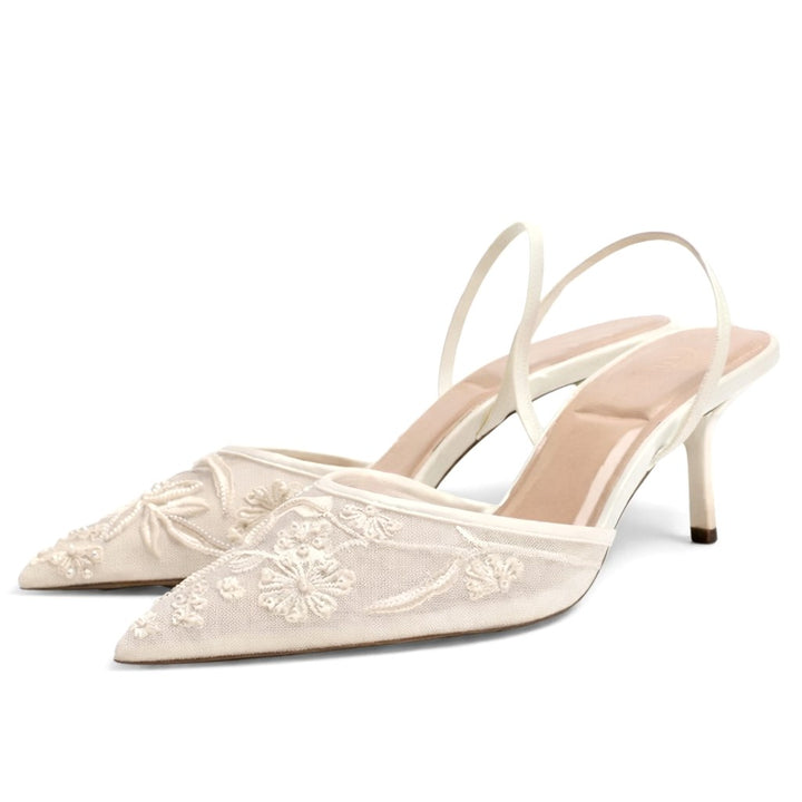 Ariella | Women's Embroidered Mesh Mule Heels, Pointed Toe Occasion Heels | The Shrader Sisters | Black