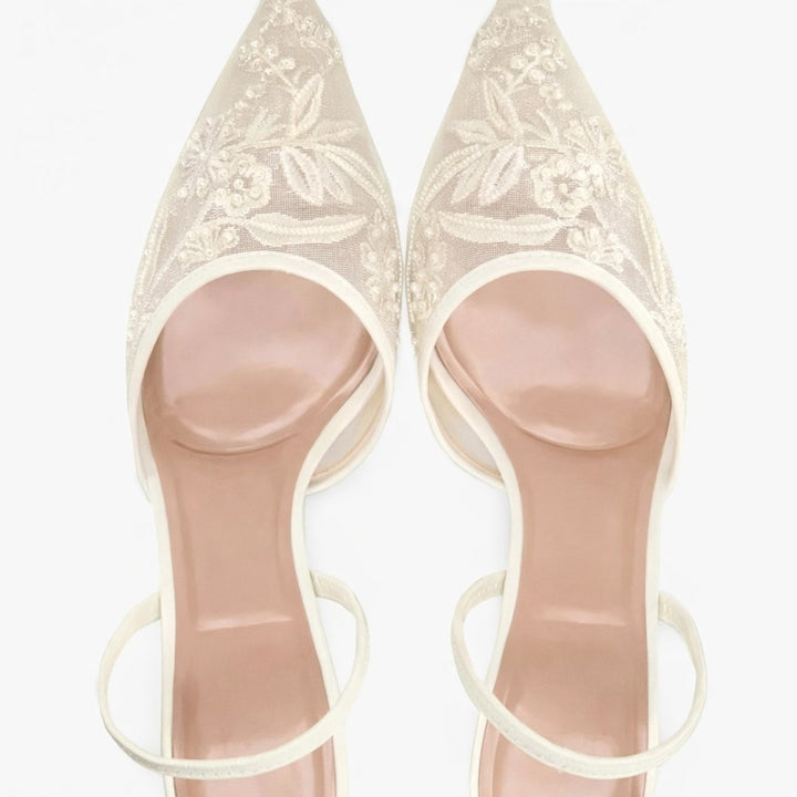 Ariella | Women's Embroidered Mesh Mule Heels, Pointed Toe Occasion Heels | The Shrader Sisters | Beige