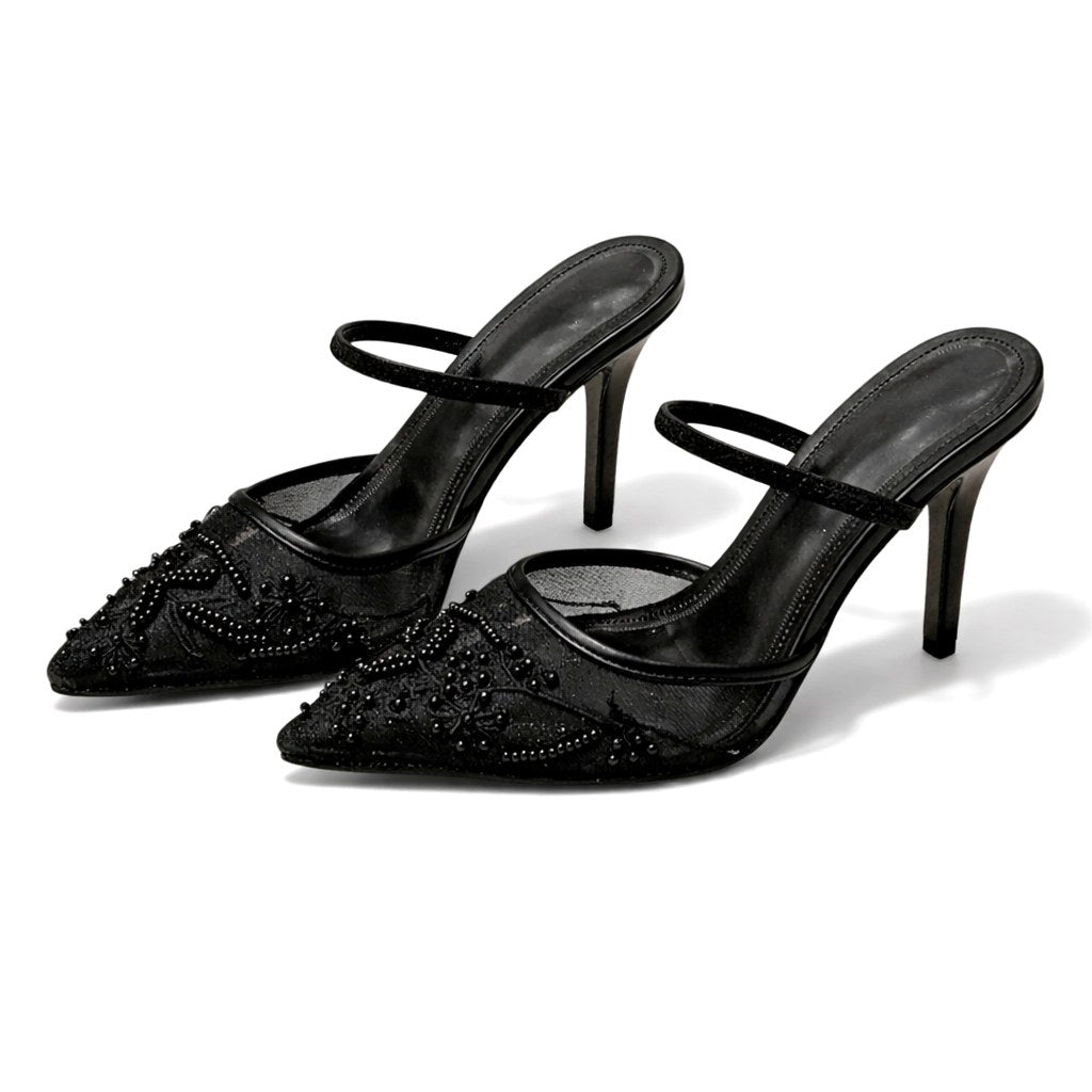 Ariella | Women's Embroidered Mesh Mule Heels, Pointed Toe Occasion Heels | The Shrader Sisters