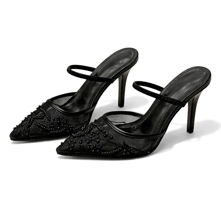 Ariella | Women's Embroidered Mesh Mule Heels, Pointed Toe Occasion Heels | The Shrader Sisters