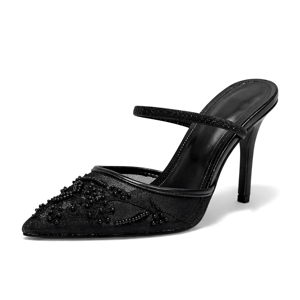 Ariella | Women's Embroidered Mesh Mule Heels, Pointed Toe Occasion Heels | The Shrader Sisters