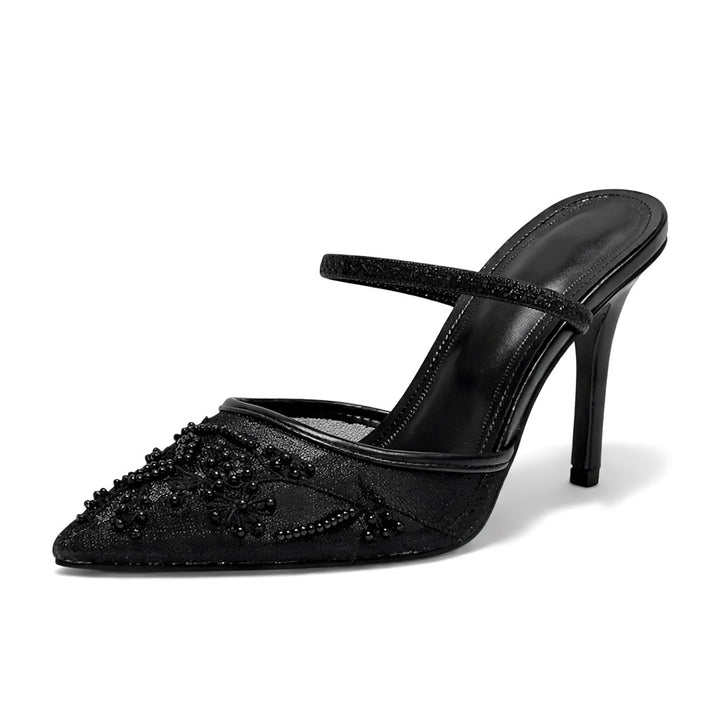 Ariella | Women's Embroidered Mesh Mule Heels, Pointed Toe Occasion Heels | The Shrader Sisters