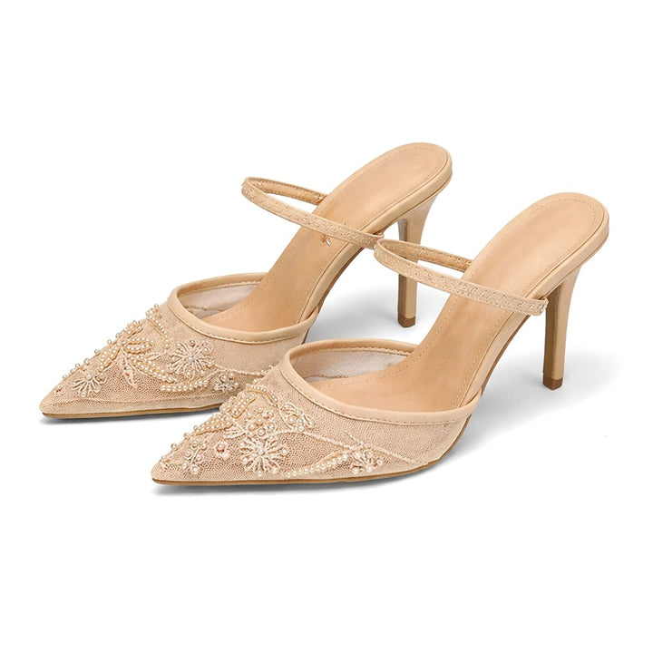 Ariella | Women's Embroidered Mesh Mule Heels, Pointed Toe Occasion Heels | The Shrader Sisters